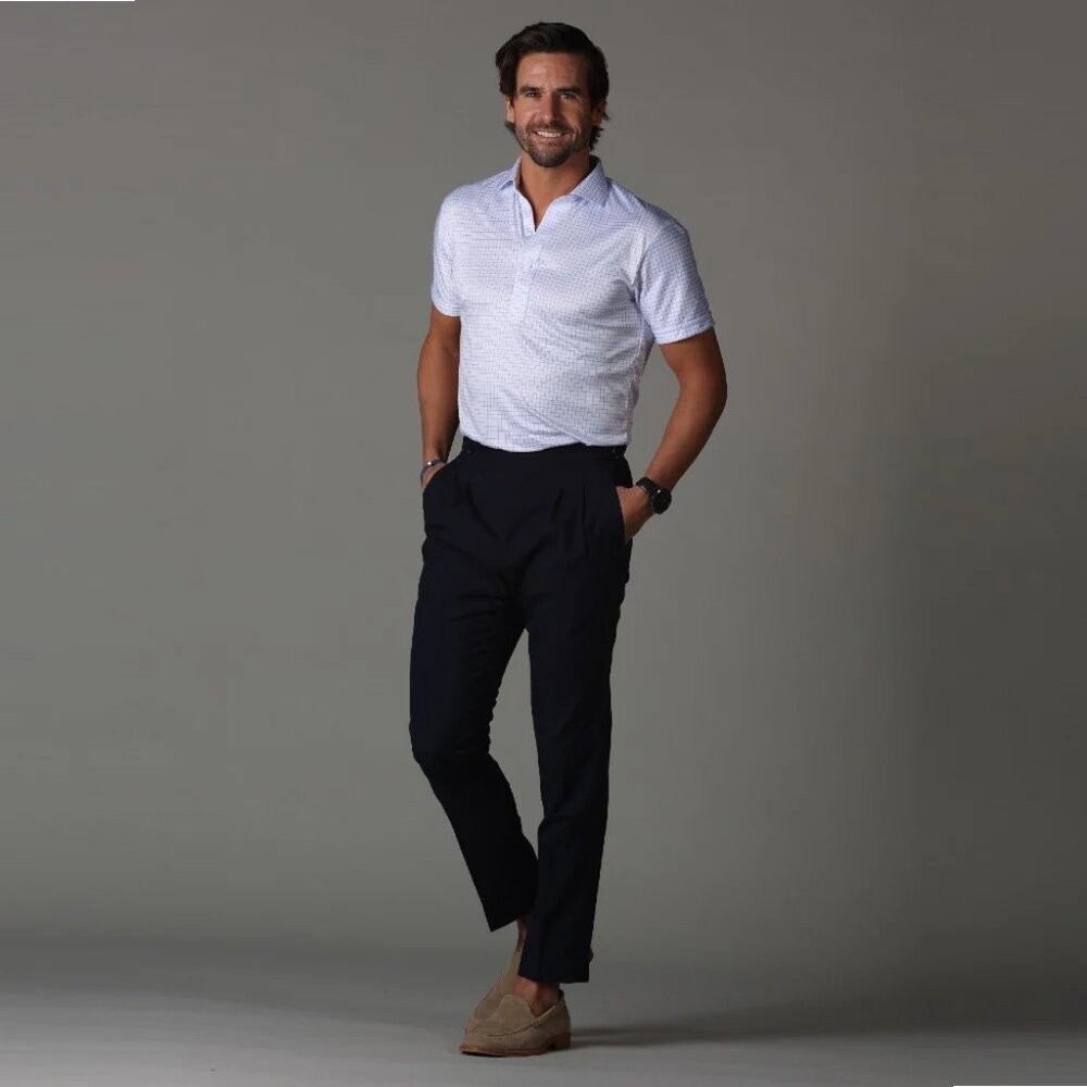 Collars & Co Semi-Spread Collar Short-Sleeve Golf Polo, Thin Blue Check - Picture 9 of 12